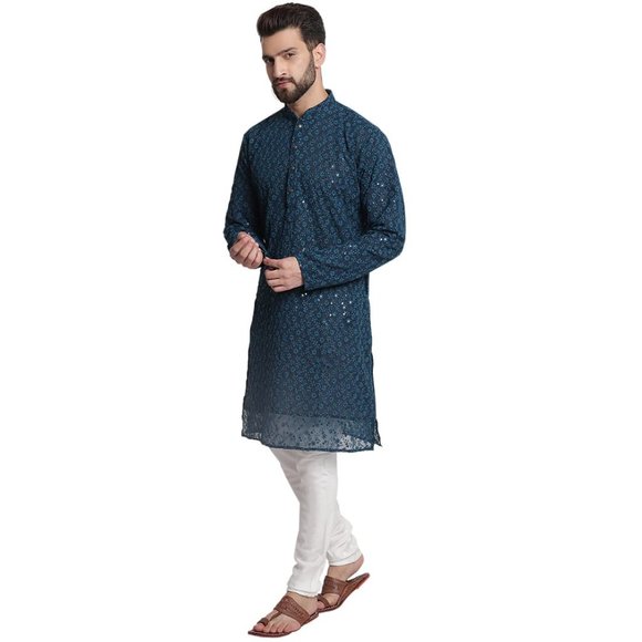 Georgette Floral Embroidery Blue Kurta Pyjama Set For Men Wedding/ Party Wear - Picture 3 of 6